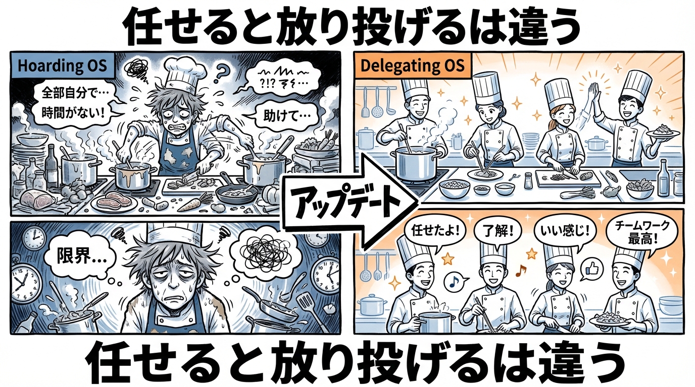 抱え込みOSから委ねるOSへ 4コマ漫画