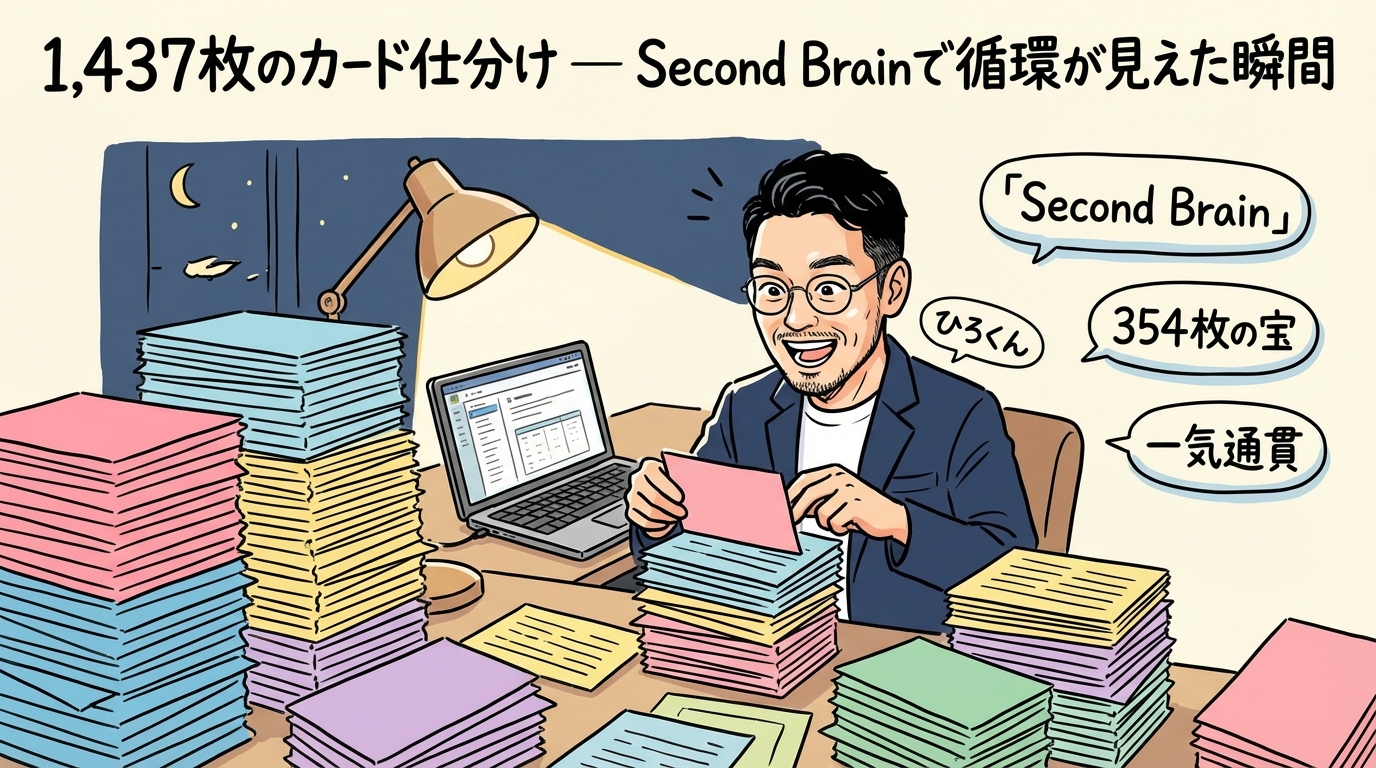 【発信疲れ解消】1つのネタから6本作れる「フロー×ストック」コンテンツ循環術 カードが積み重なったデスクとノートPC、夜の作業風景