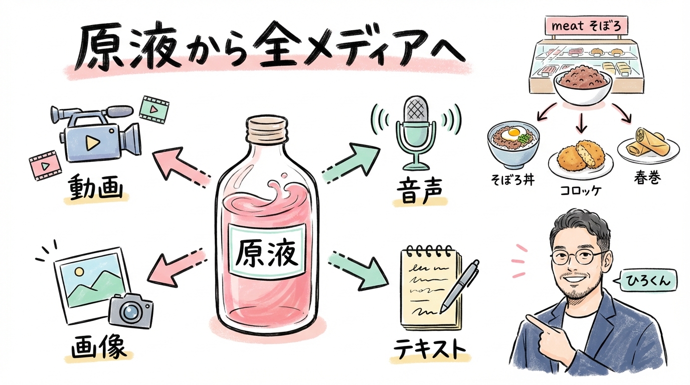 1つの原液から全メディアへ展開するビジョン - 分身AI.comグラレコ図解