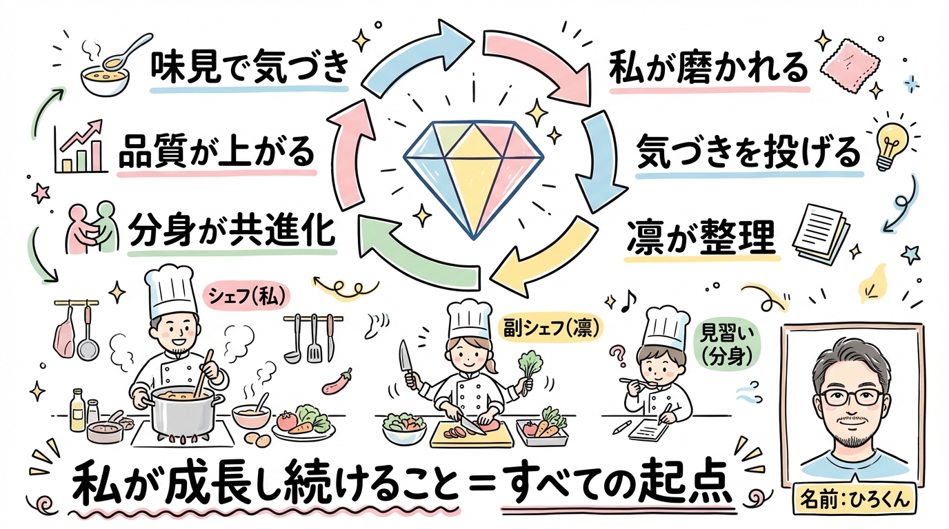 分身AIと秘書AIに「勝手に会議させたら」私のセンターピンが見えた話 センターピンの正体 フライホイール図解