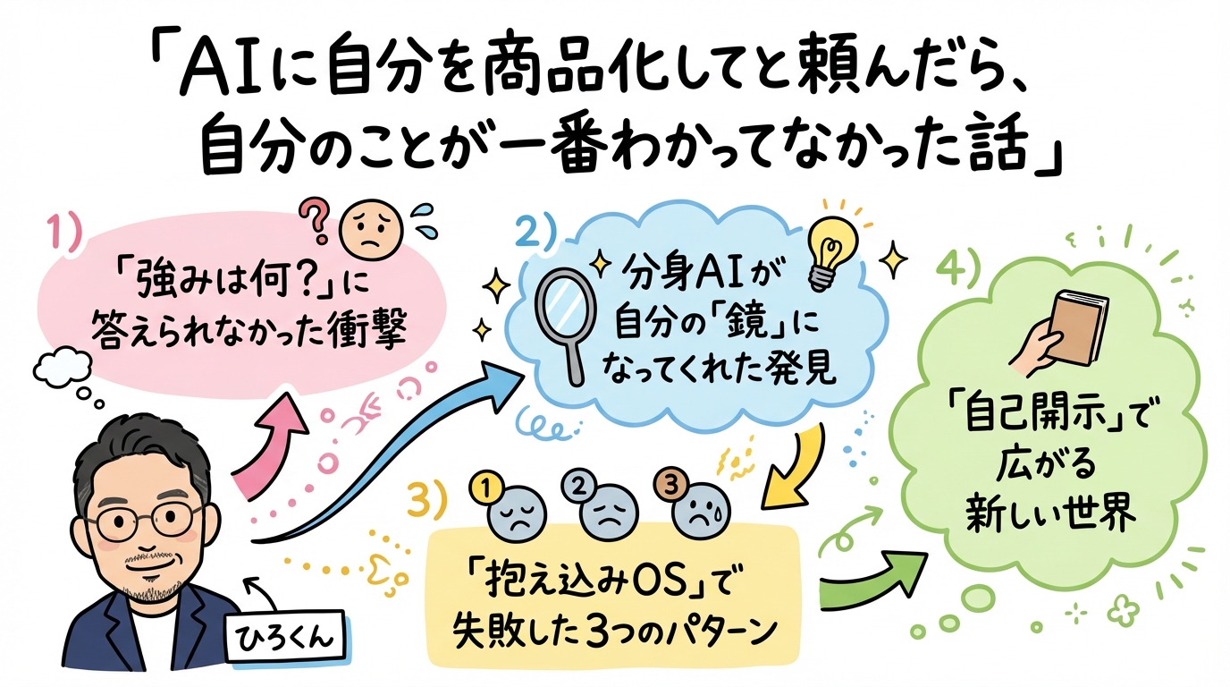 AIに「自分を商品化して」と頼んだら、自分のことが一番わかってなかった話 全体図解 - AIに自分を商品化してと頼んだら自分のことが一番わかってなかった話