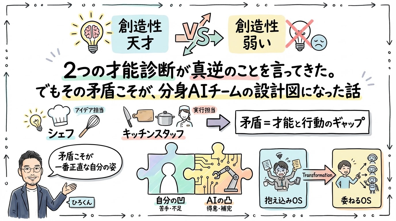 2つの才能診断が真逆のことを言ってきた。でもその"矛盾"こそが、分身AIチームの設計図になった話 grafico sainou mujun ai team main v3