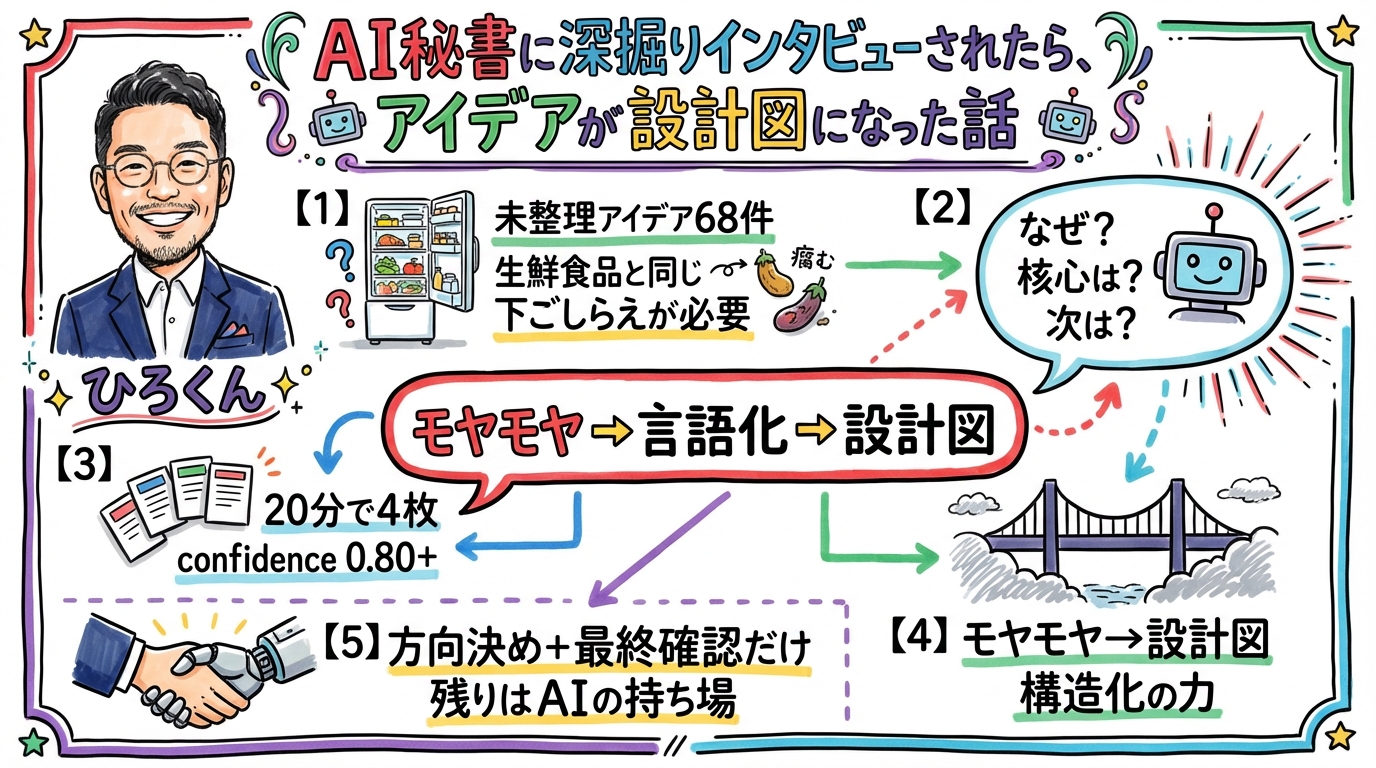 AI秘書に"深掘りインタビュー"されたら、頭の中の散らかったアイデアが設計図になった話 AI秘書に深掘りインタビューされたらアイデアが設計図になった話-グラレコ全体図解 - 分身AI.comグラレコ図解