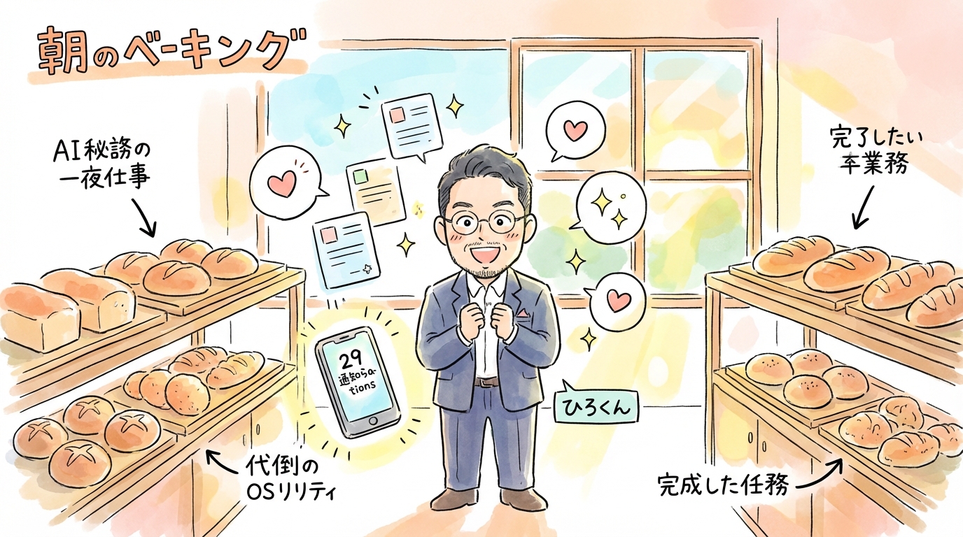 分身AIに任せたら朝起きるだけで仕事が進んでいた|分身AI日記 DAY7 今朝、厨房に入ったら焼き立てのパンが並んでいた
