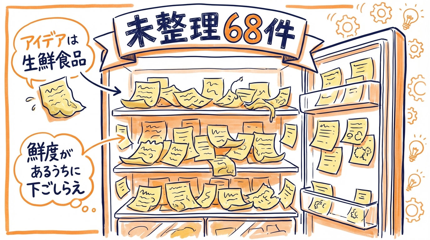 AI秘書に"深掘りインタビュー"されたら、頭の中の散らかったアイデアが設計図になった話 冷蔵庫に詰め込まれた未整理アイデアのメタファー図解 - 分身AI.comグラレコ図解