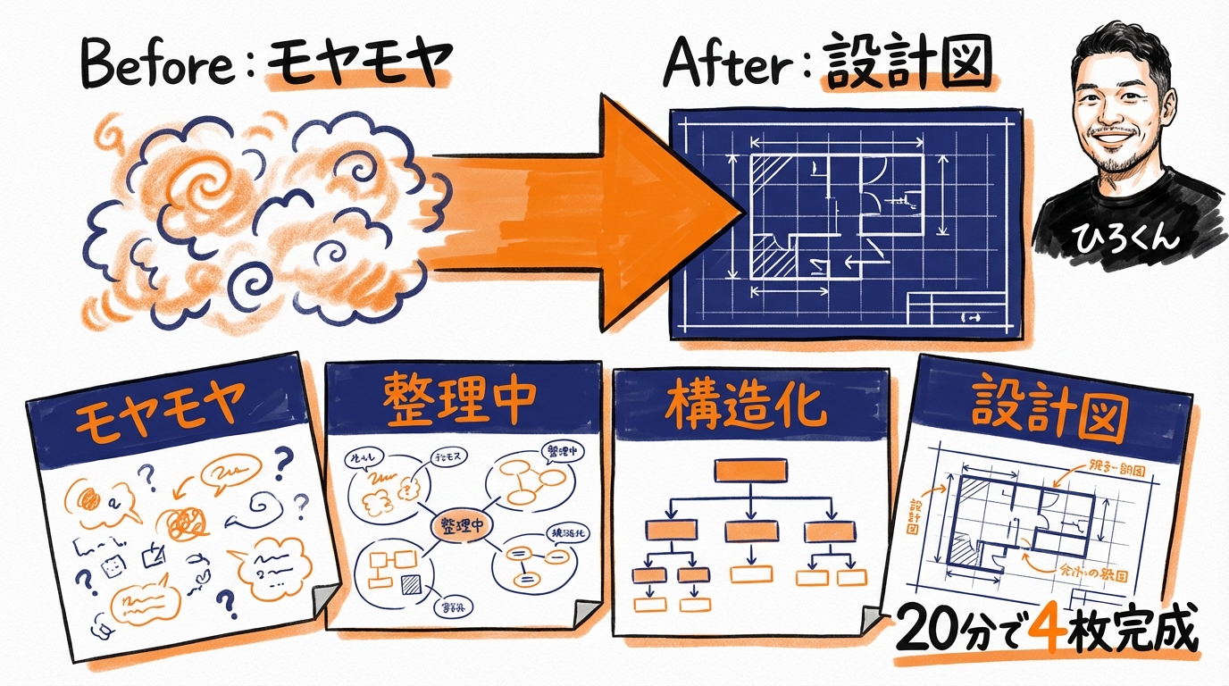 AI秘書に"深掘りインタビュー"されたら、頭の中の散らかったアイデアが設計図になった話 今日のcard-reviewで設計図になった4枚のアイデアカード - 分身AI.comグラレコ図解