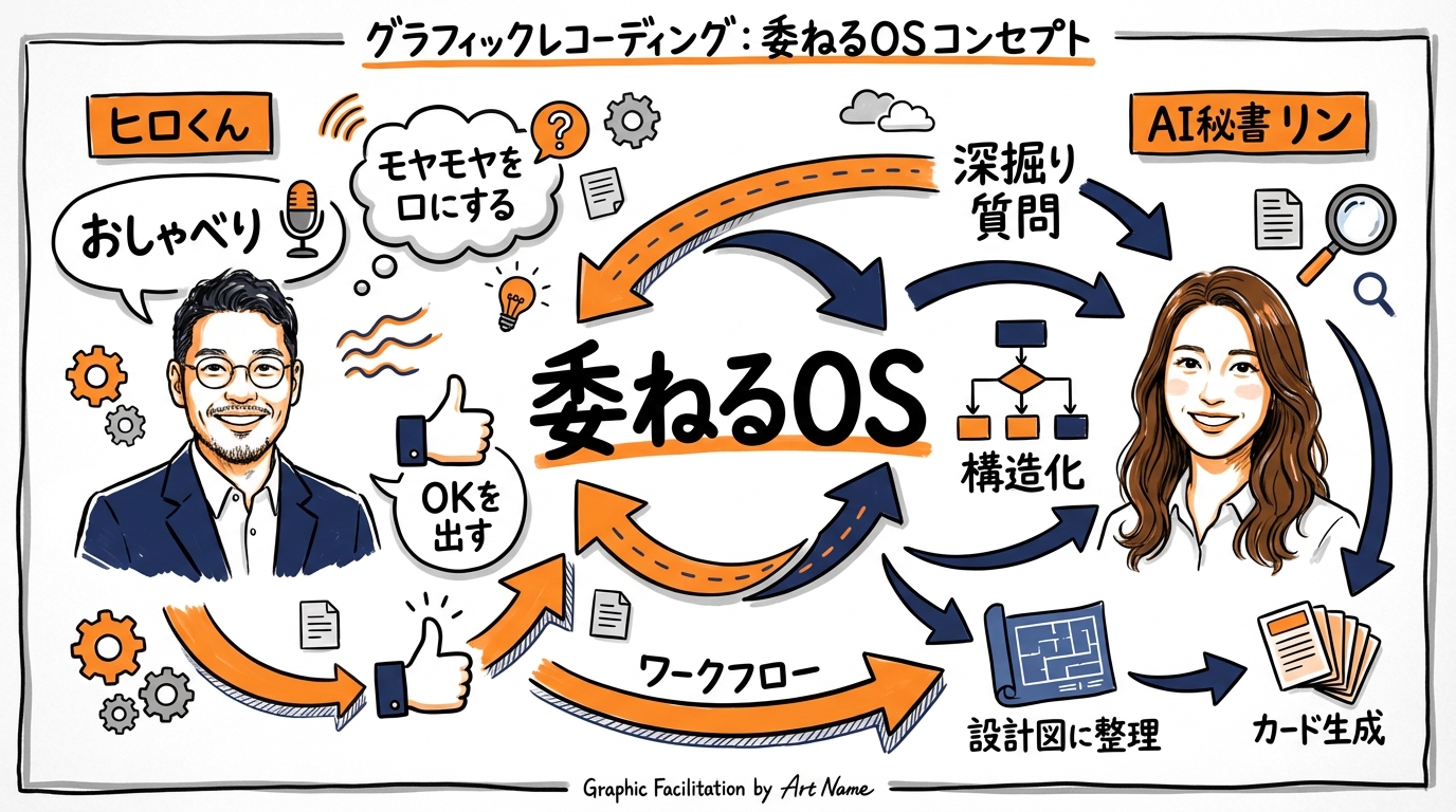 AI秘書に"深掘りインタビュー"されたら、頭の中の散らかったアイデアが設計図になった話 私がやったこと AIがやったこと 委ねるOSの対比図 - 分身AI.comグラレコ図解