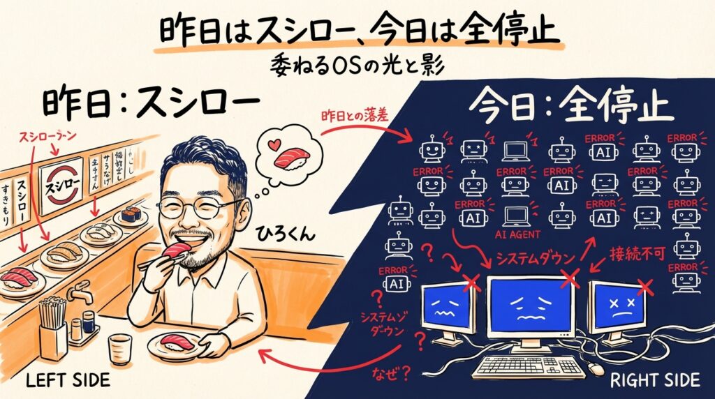 昨日はスシロー、今日は全停止 - 分身AI.comグラレコ図解