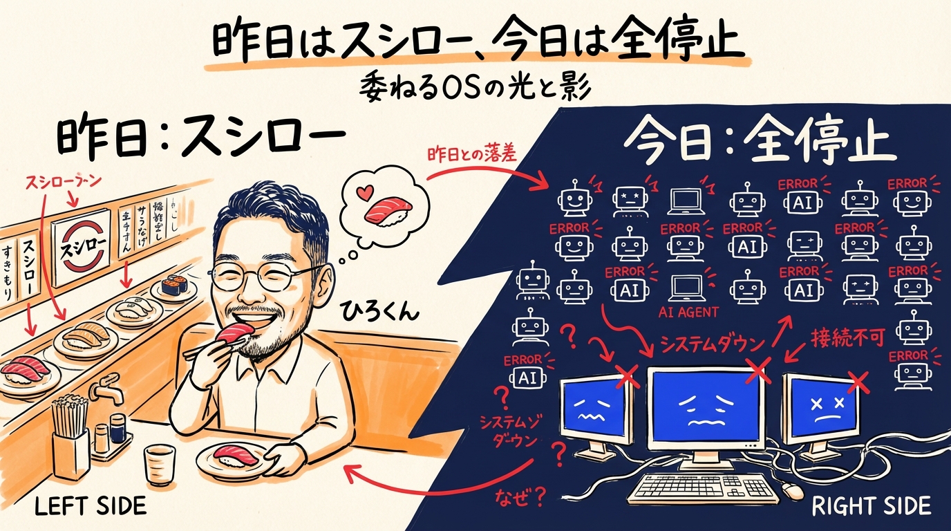 AI自動化は万能じゃない|38個のAIが止まった日に気づいた3つのこと 昨日はスシロー、今日は全停止 - 分身AI.comグラレコ図解