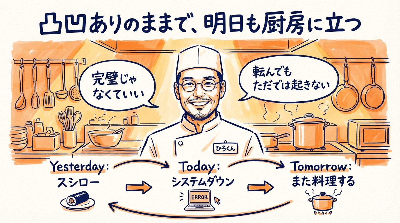 AI自動化は万能じゃない|38個のAIが止まった日に気づいた3つのこと 凸凹ありのままで、明日も厨房に立つ - 分身AI.comグラレコ図解