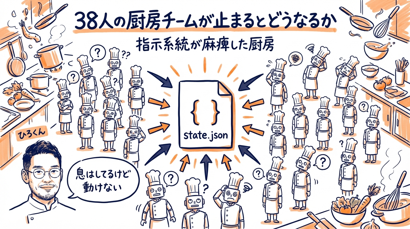 AI自動化は万能じゃない|38個のAIが止まった日に気づいた3つのこと 38人の厨房チームが止まるとどうなるか - 分身AI.comグラレコ図解