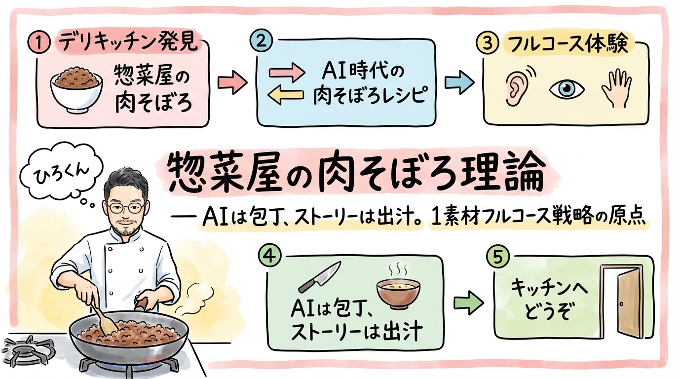 惣菜屋の肉そぼろ理論 — AIは包丁、ストーリーは出汁。1素材フルコース戦略の原点 niku soboro grafico main 1