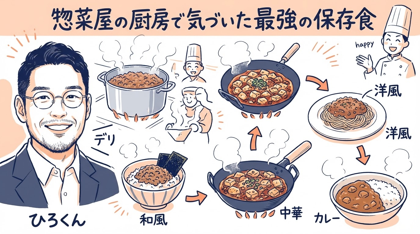 惣菜屋の肉そぼろ理論 — AIは包丁、ストーリーは出汁。1素材フルコース戦略の原点 惣菜屋の厨房で気づいた「最強の保存食」