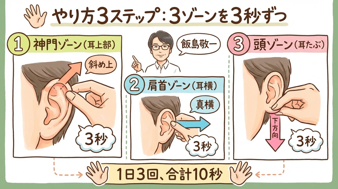 やり方はシンプル。3つのゾーンを3秒ずつ。 グラレコ図解