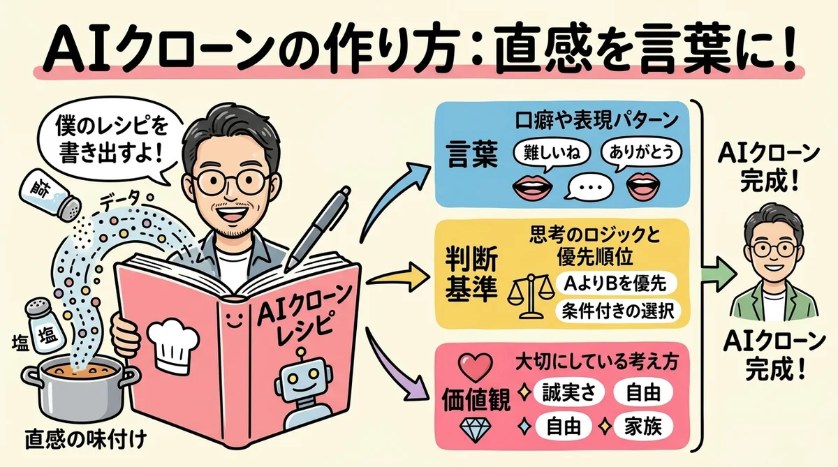 AIクローンの作り方と育て方|自分の価値観を言語化する「自己発見ツール」としての活用法 分身AIの作り方——レシピを書き出す感覚で自分を教える