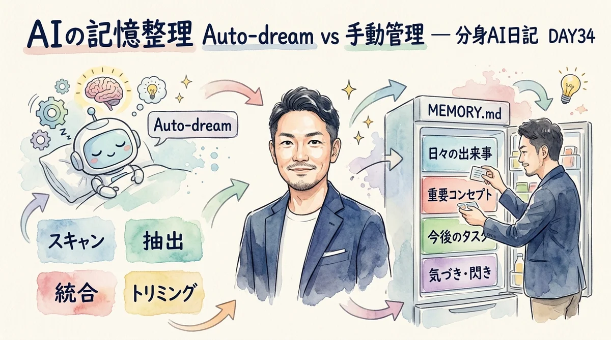 分身AIの育て方DAY34|AIが眠って記憶を整理する「Auto-dream」実録 day34 eyecatch autodream memory 1