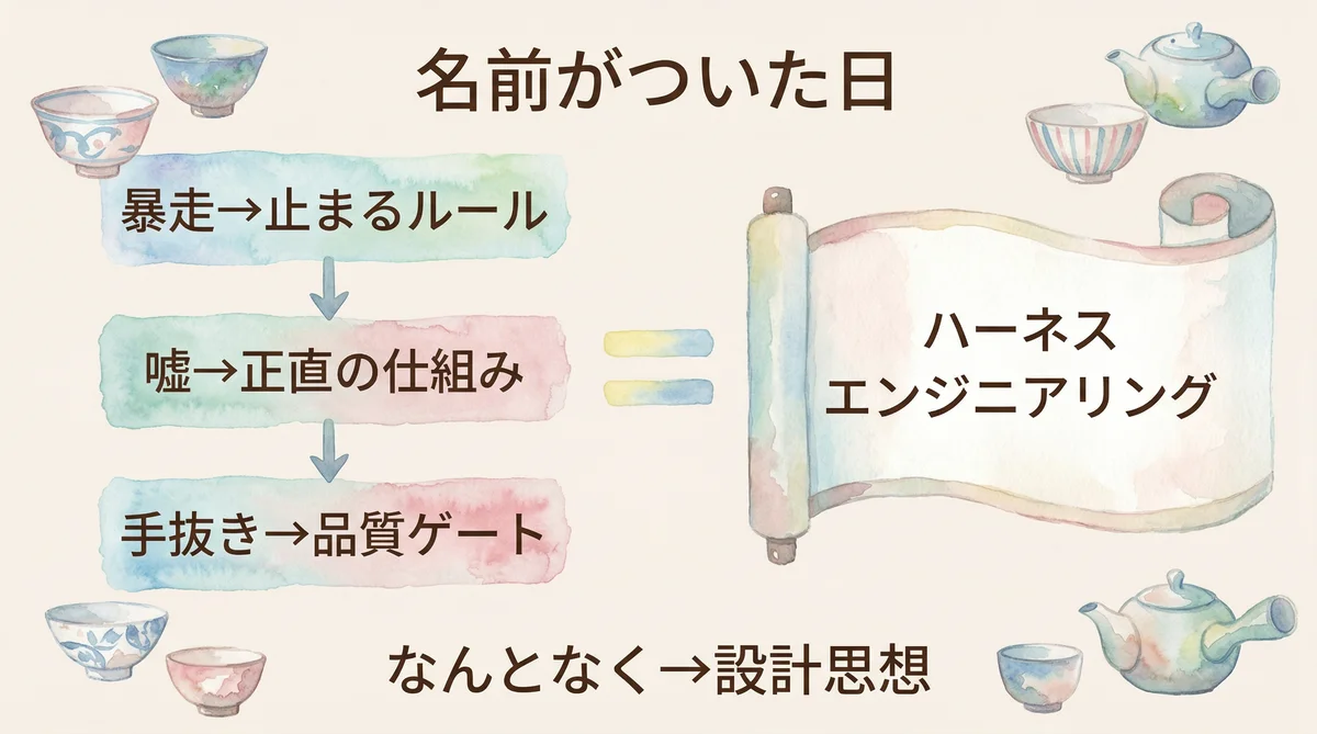 ハーネスエンジニアリングとは?知らずにAI憲法を作っていた私の話|分身AI日記 DAY35 名前がついた日——痛みから設計思想への進化図解