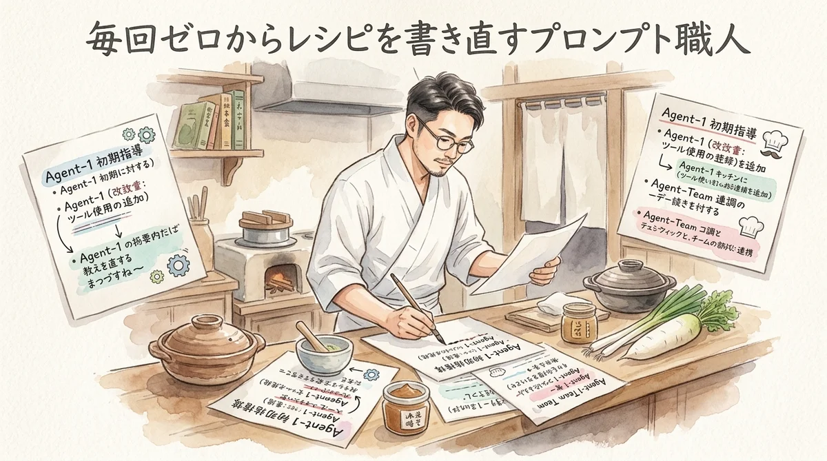 ハーネスエンジニアリングとは?知らずにAI憲法を作っていた私の話|分身AI日記 DAY35 プロンプト職人が毎回ゼロからレシピを書き直す図解