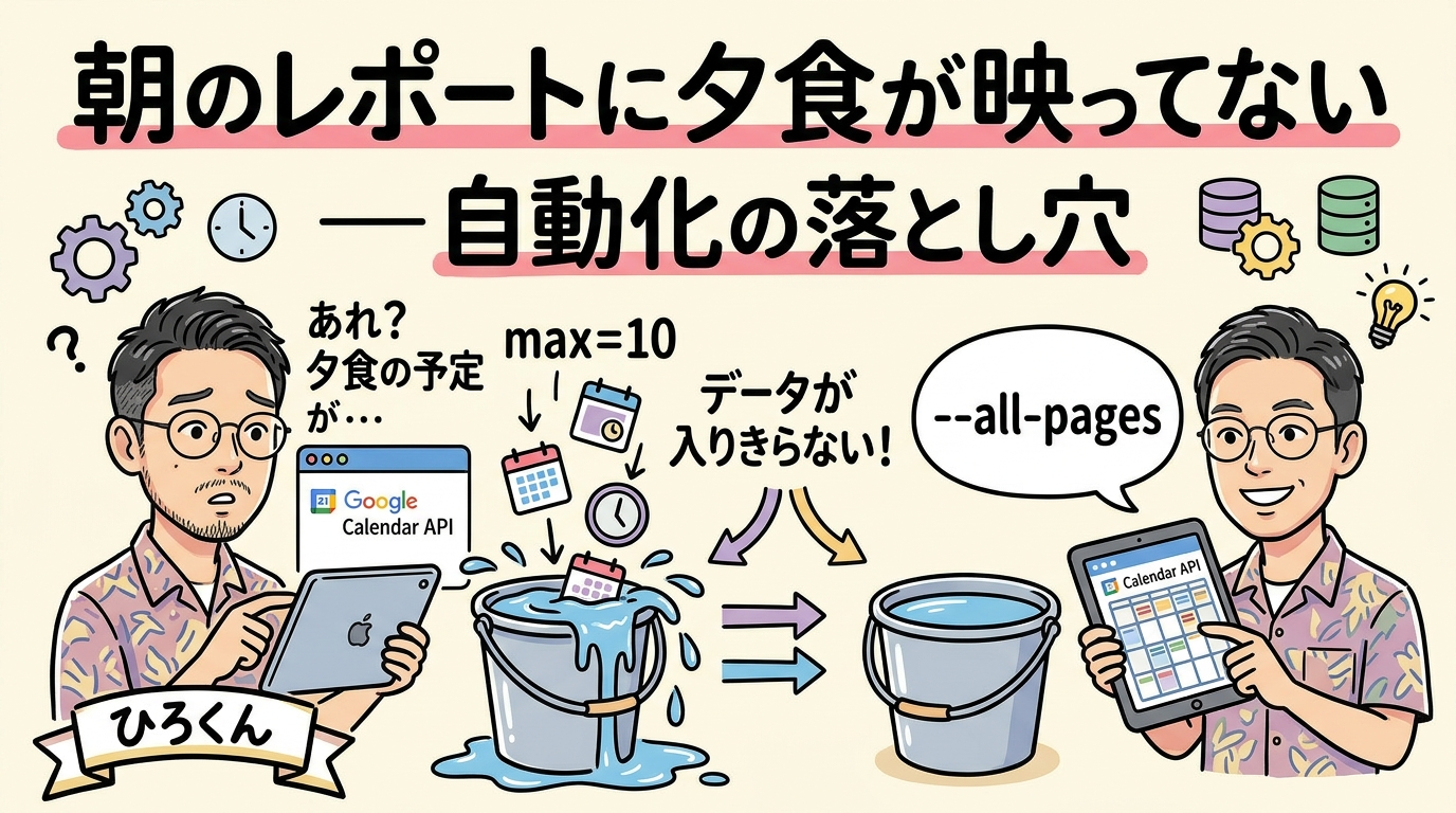 AIに1日の成果を聞いたら「0件です」と言われた — 自動化は味見してからが本番 GoogleカレンダーAPI max=10の落とし穴 - 分身AI.comグラレコ図解