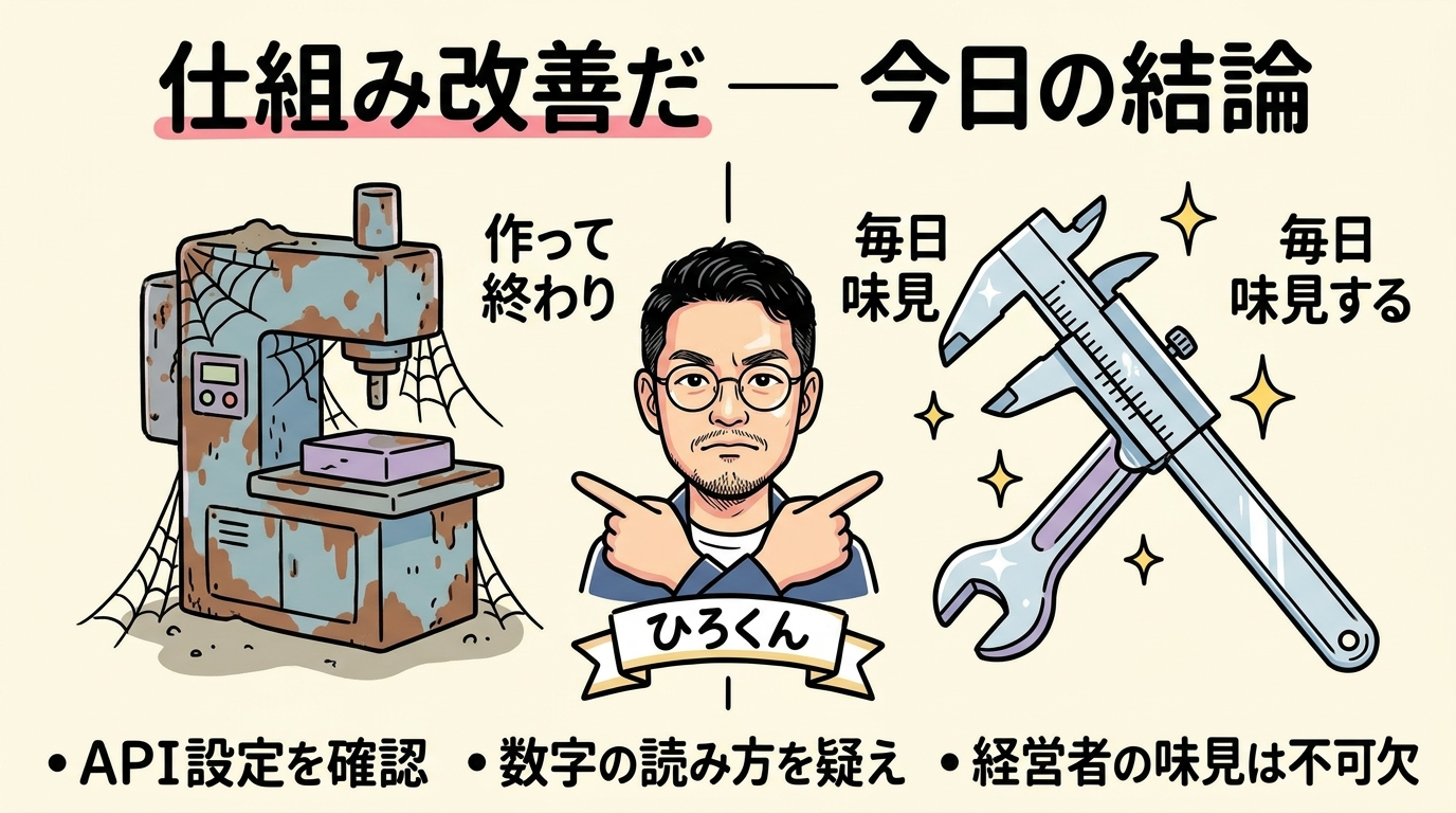 AIに1日の成果を聞いたら「0件です」と言われた — 自動化は味見してからが本番 作って終わりの自動化と毎日味見する自動化の違い - 分身AI.comグラレコ図解