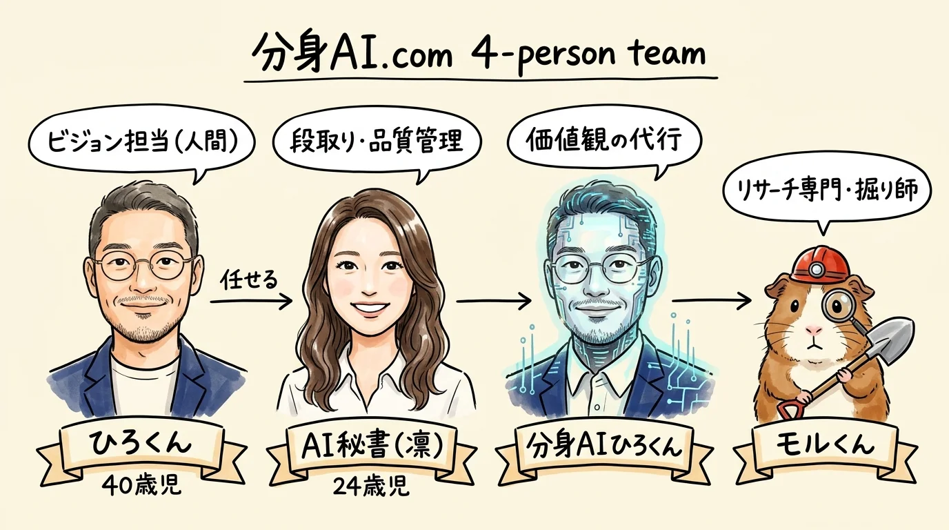 モルくんとチームの立ち位置——ひろくん・凛ちゃん・分身AIひろくん・モルくんの4人構成