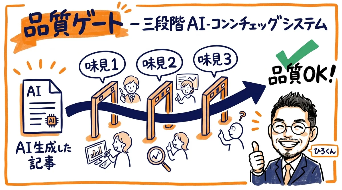 AIが作成したコンテンツを別のAIが3回チェックするループのフローチャート - 分身AI.comグラレコ図解