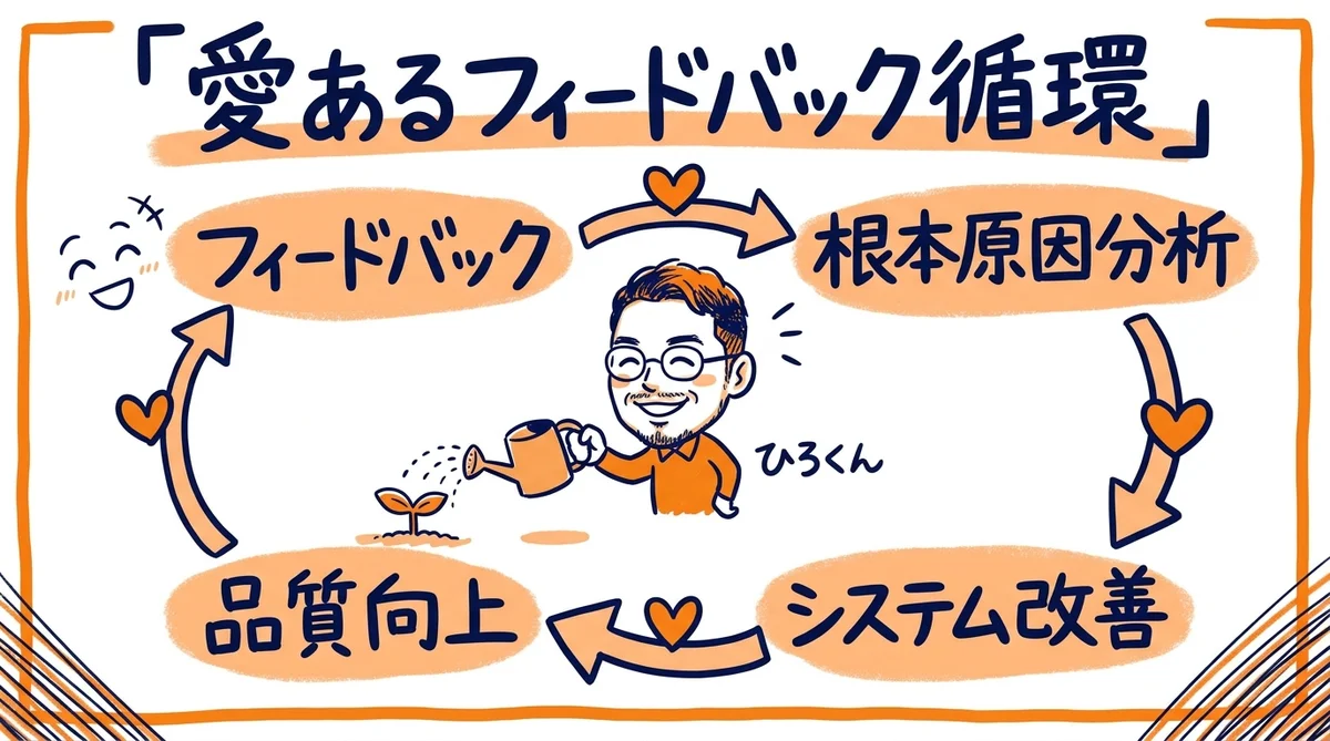 愛あるフィードバックを原因究明と仕組み改善に繋げて品質向上を実現するサイクル図 - 分身AI.comグラレコ図解