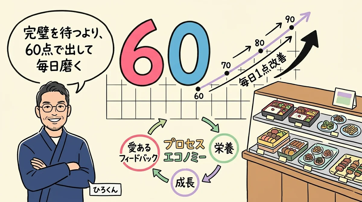 60点からスタートして毎日1点ずつ品質が上がるグラフと惣菜屋のイメージ - 分身AI.comグラレコ図解