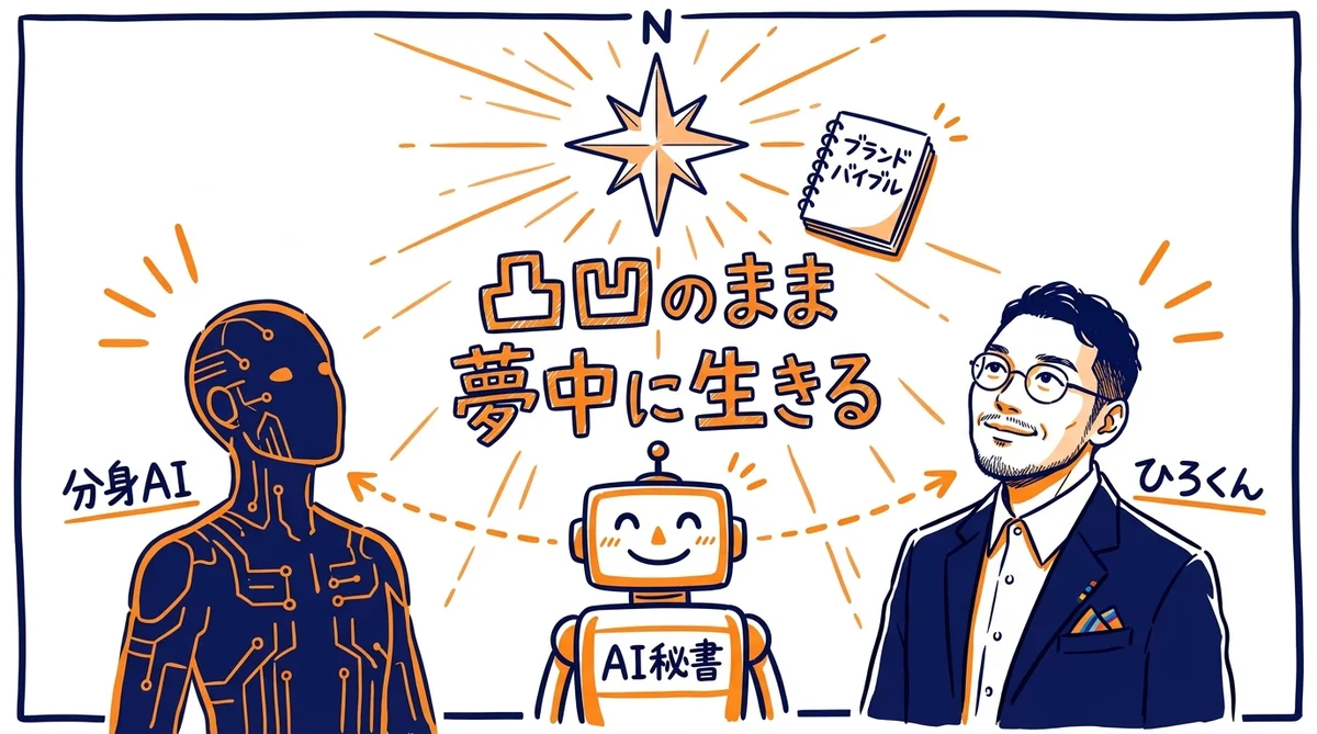 北極星（パーパス）を中心に分身AIとAI秘書が同じ方向を向いて輝く概念図 - 分身AI.comグラレコ図解