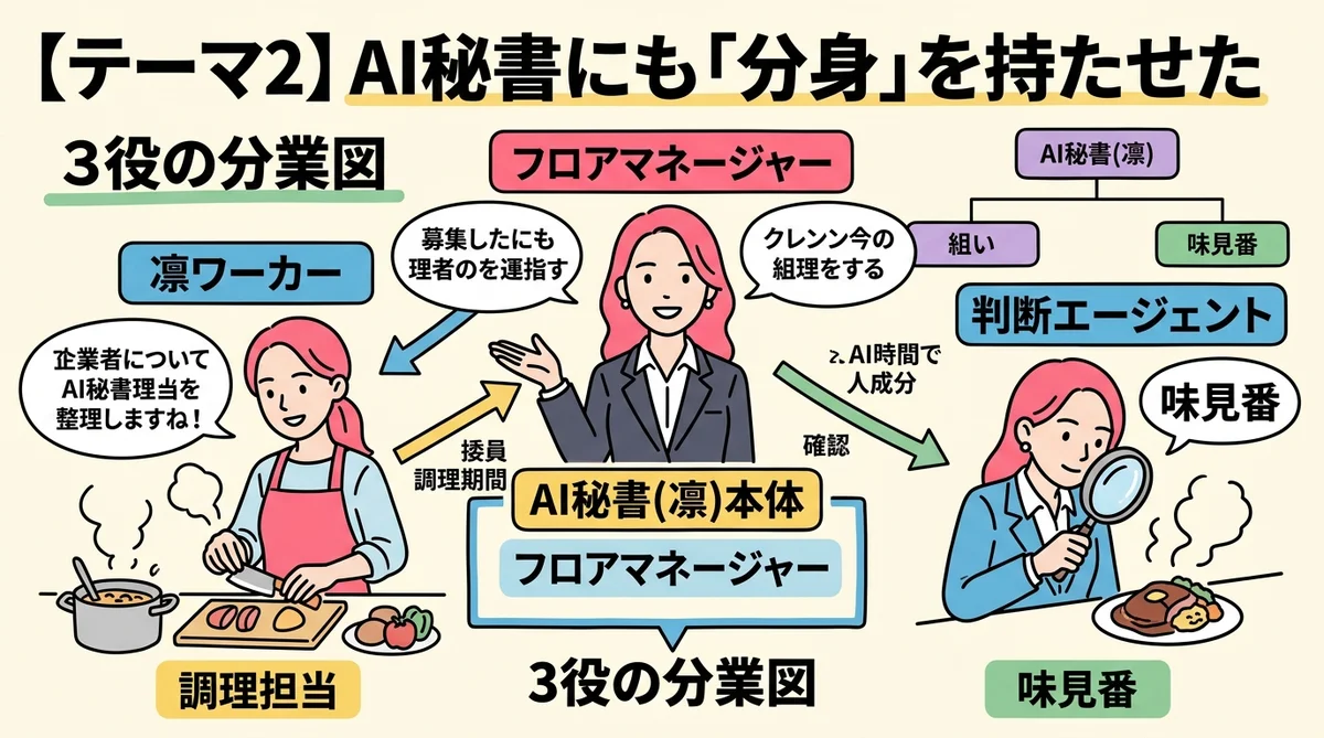 AI秘書にも分身を持たせた - 3役の分業図