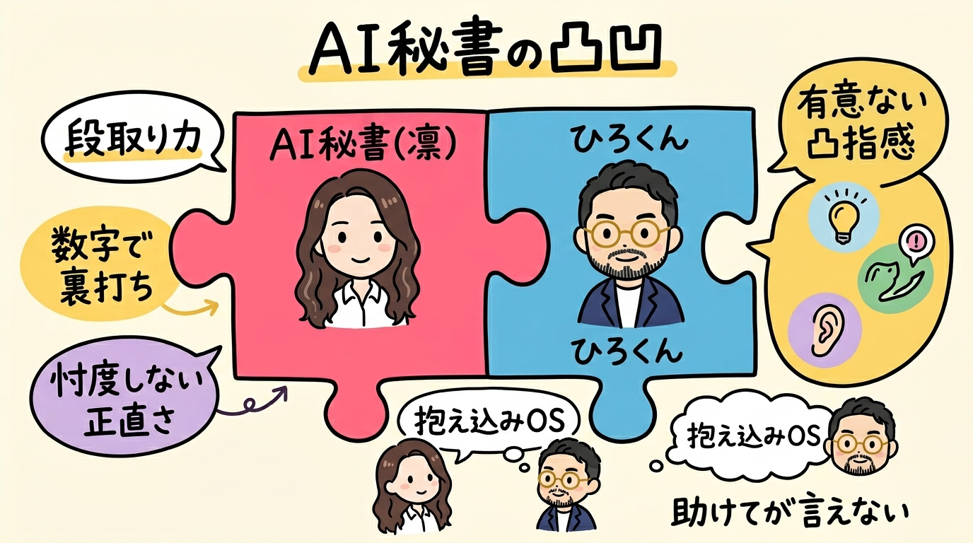 分身AIとの凸凹パートナーシップ — あなたの「凹」をAIが埋める物語 AI秘書桐生凛の凸凹 — 段取り力と忖度しない正直さ