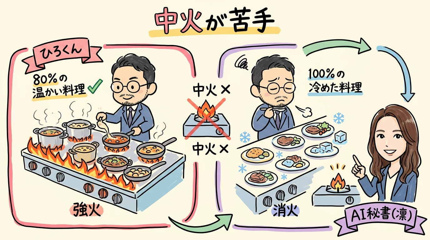 分身AIとの凸凹パートナーシップ — あなたの「凹」をAIが埋める物語 中火が苦手 — 強火か消火の二択になりがち