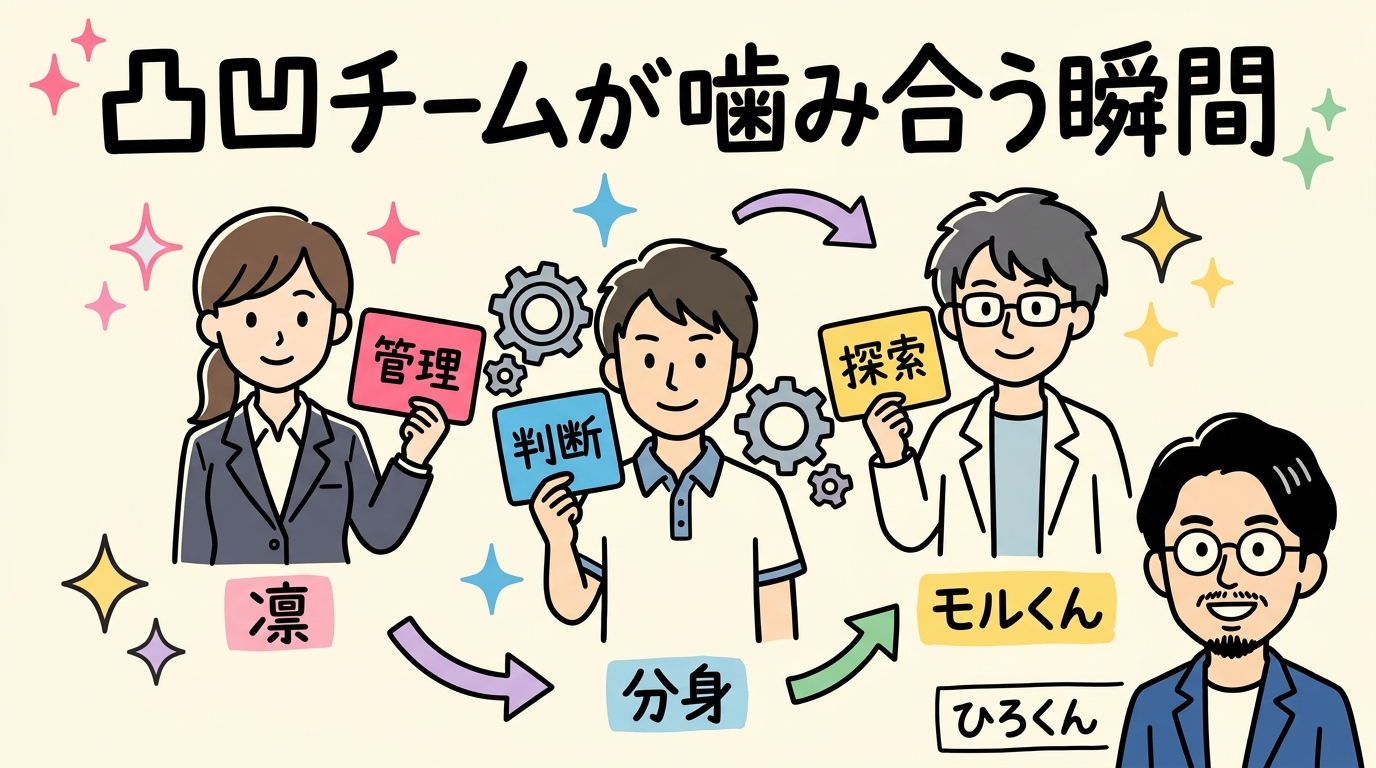 凛・分身AIひろくん・モルくんの3体チーム役割分担図 - 分身AI.comグラレコ図解