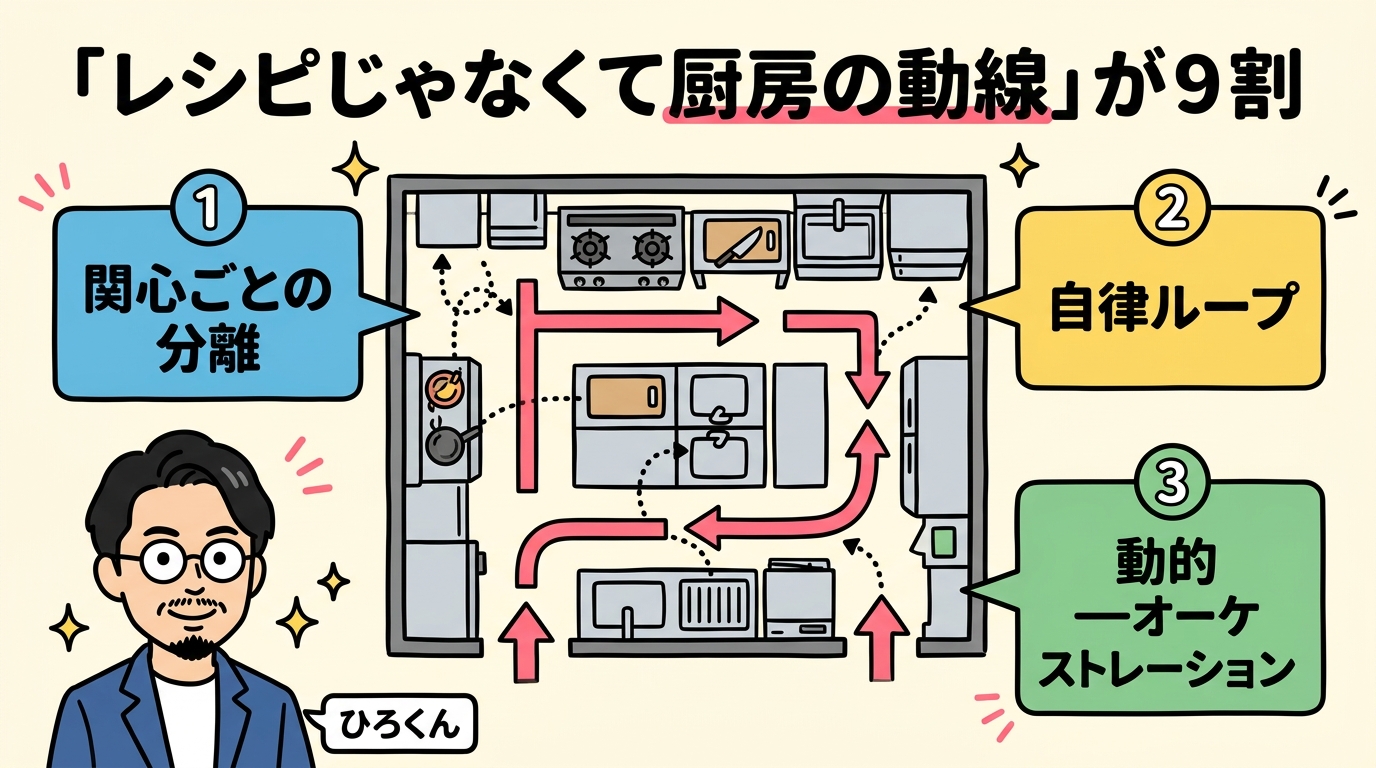 惣菜屋の厨房動線とAIエージェント配置図 - 分身AI.comグラレコ図解