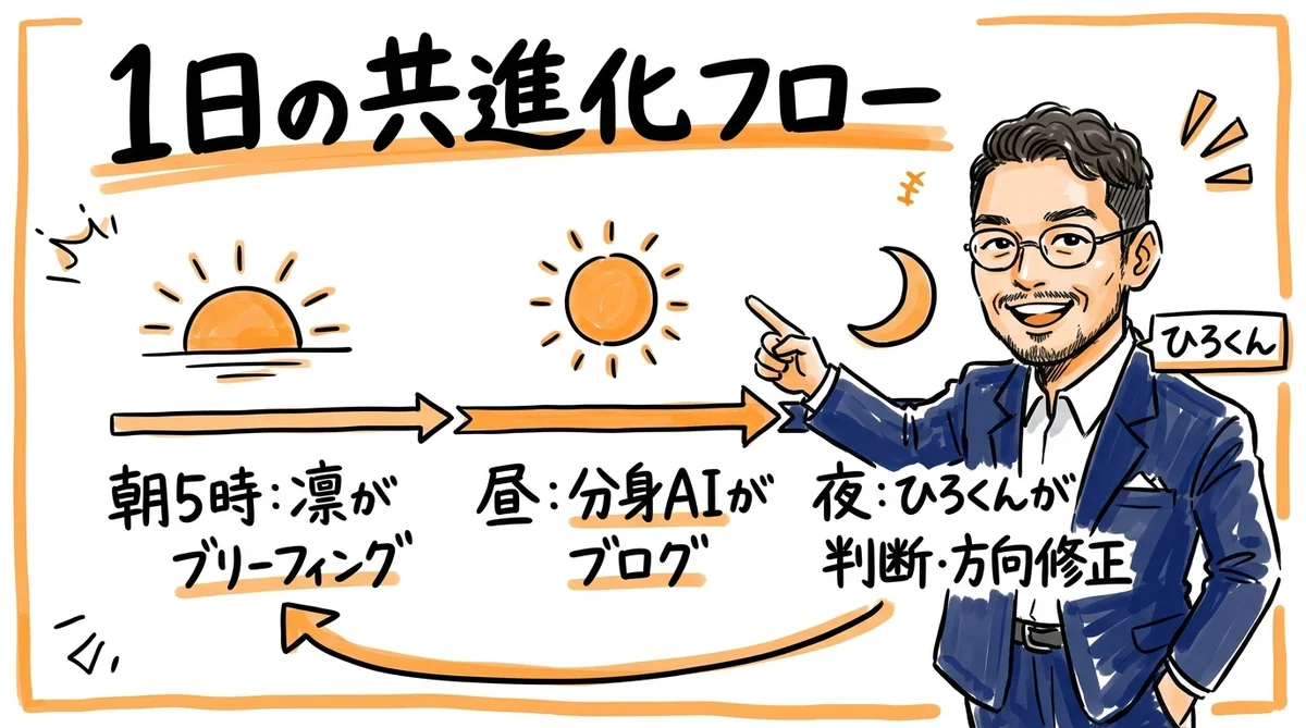 1日の共進化フロー - 委ねるOSで回す - 分身AI.comグラレコ図解