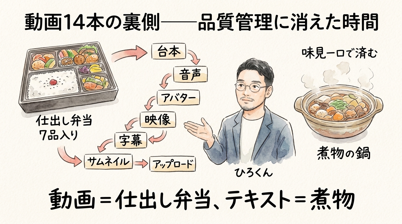 動画14本の裏側 品質管理に消えた時間 図解