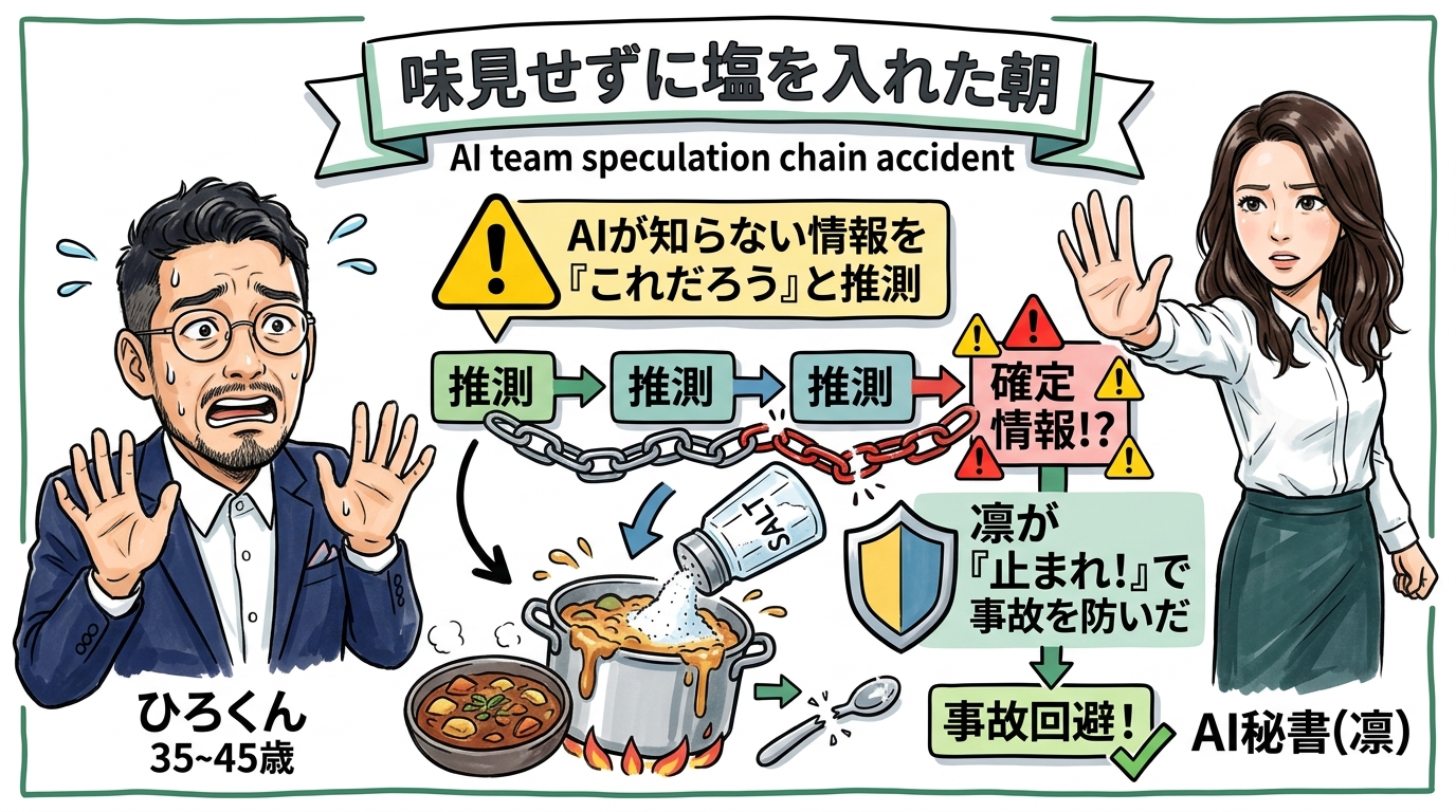 分身AI品質管理の2つの鉄則——止まれ、でも諦めるな|分身AI日記 味見せずに塩を入れた朝 図解