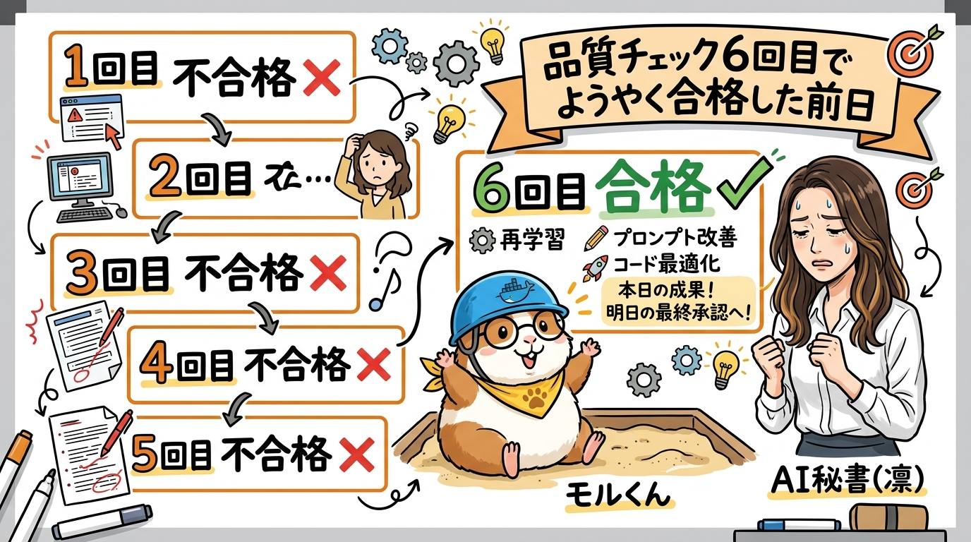 分身AI品質管理の2つの鉄則——止まれ、でも諦めるな|分身AI日記 品質チェック6回目でようやく合格した前日 図解