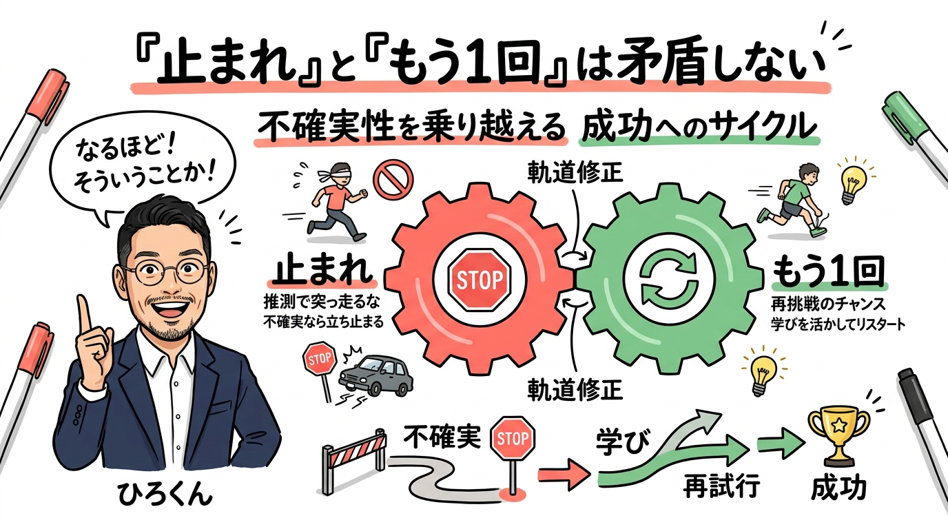 分身AI品質管理の2つの鉄則——止まれ、でも諦めるな|分身AI日記 「止まれ」と「もう1回」は矛盾しない 図解