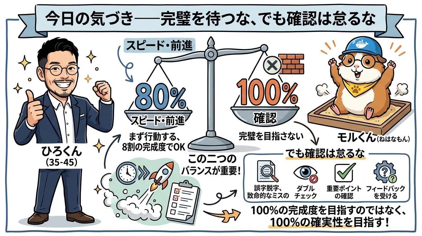 分身AI品質管理の2つの鉄則——止まれ、でも諦めるな|分身AI日記 今日の気づき——完璧を待つな、でも確認は怠るな 図解