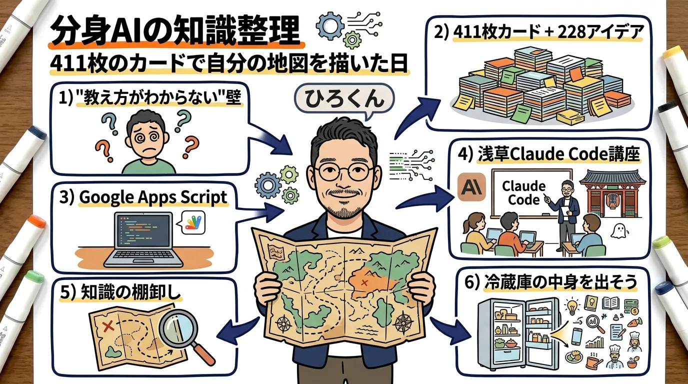 分身AIの知識整理|411枚のカードで「自分の地図」を描いた日【プロセスエコノミーDAY25】 分身AIの知識整理|411枚のカードで自分の地図を描いた日の全体図解