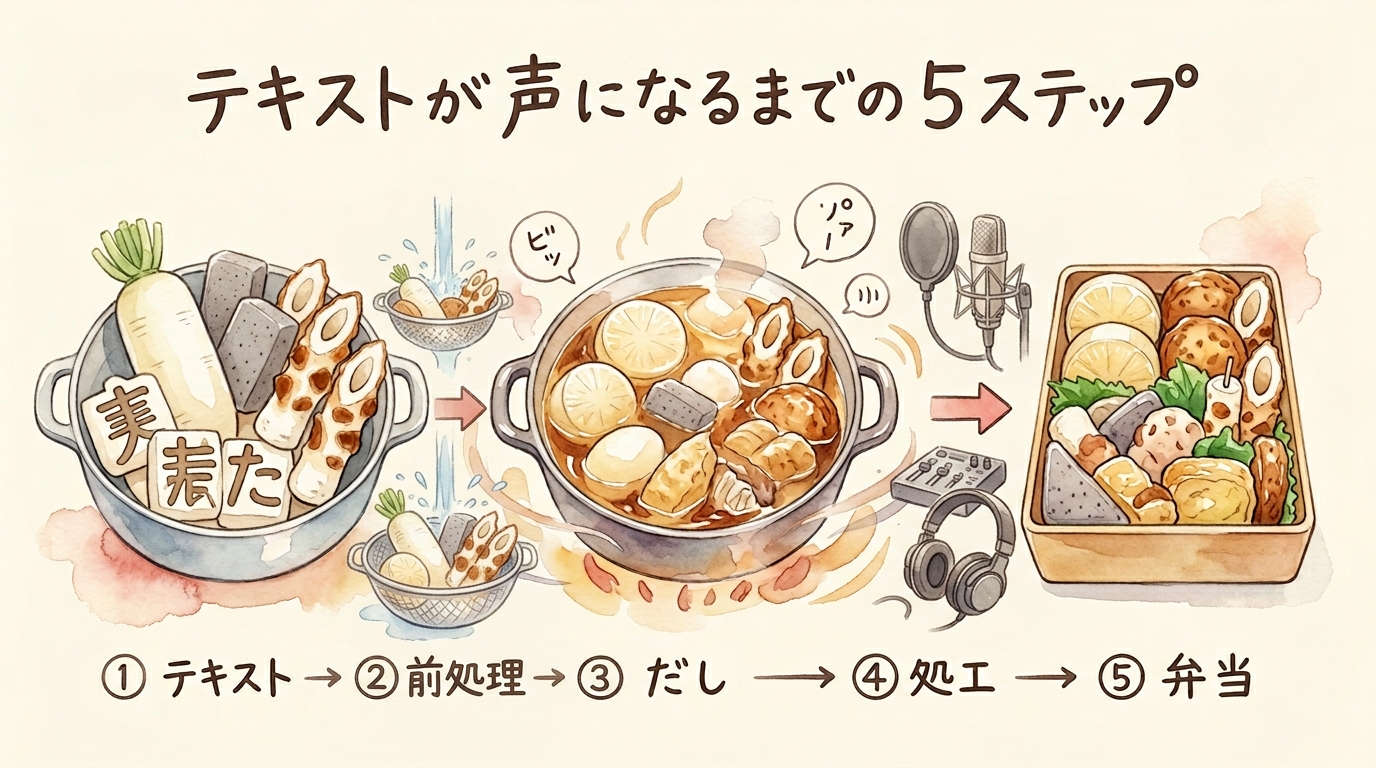 分身AIが記事を声に変えた——リパーパスの裏側を全公開|分身AI日記 テキストが声になるまでの5ステップ 図解