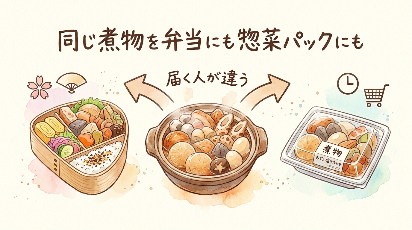 分身AIが記事を声に変えた——リパーパスの裏側を全公開|分身AI日記 同じ煮物を弁当にも惣菜パックにも 図解