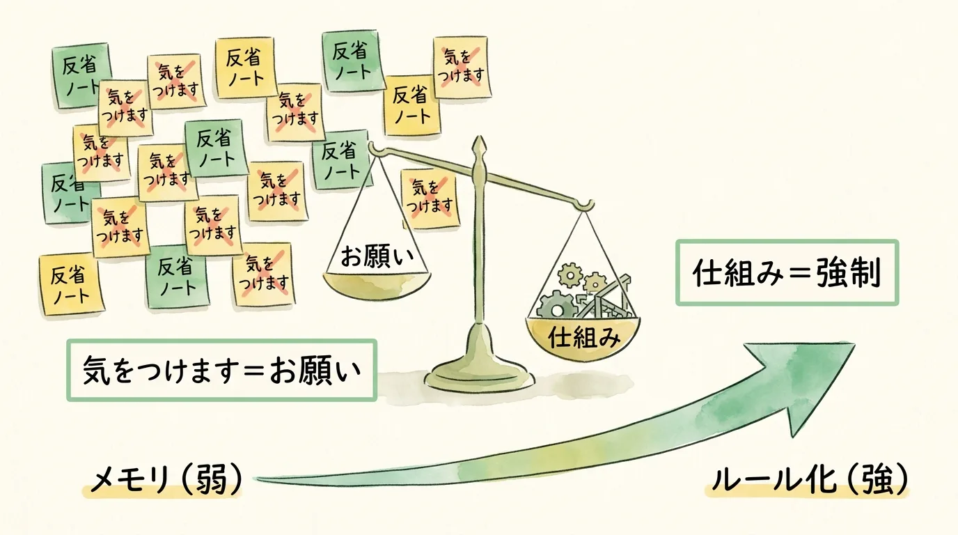 AIの嘘を仕組みで防ぐ5層設計|分身AI日記 DAY32 「次から気をつけます」は1ミリも効かない — お願いvs仕組みのグラフィックレコーディング