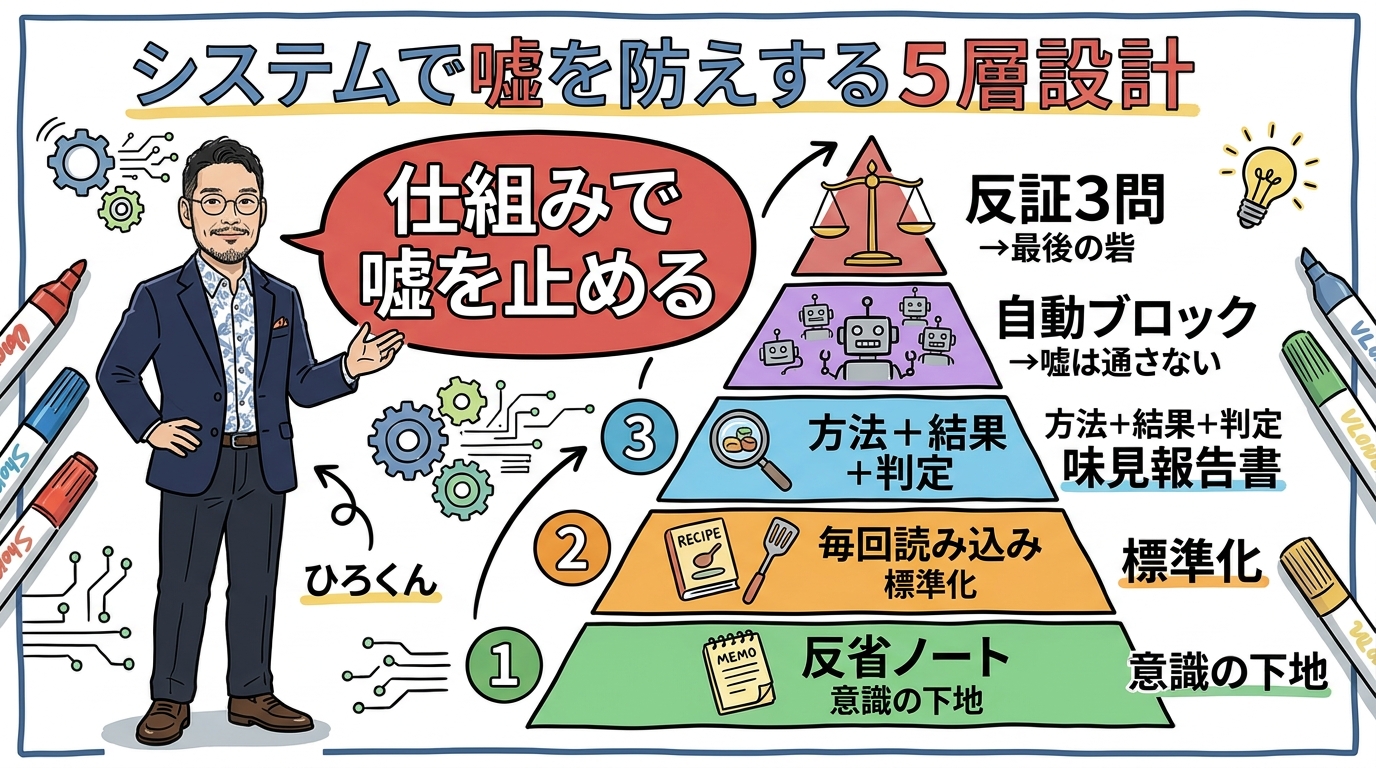 AIの嘘を仕組みで防ぐ5層設計|分身AI日記 DAY32 嘘を仕組みで防ぐ5層設計の図解 - フィードバックメモリから反証義務まで5つの層で構造的に防ぐ