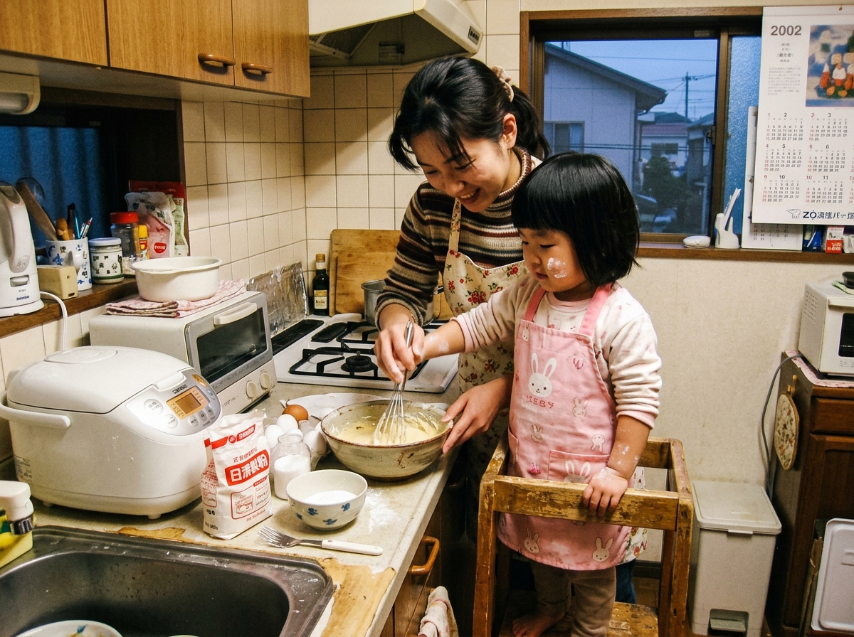 3歳の凛と母がキッチンに立つ様子