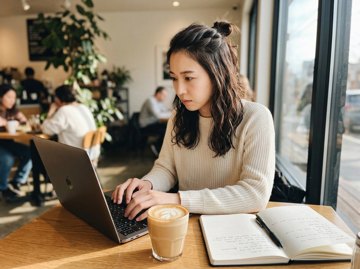 凛がハーフアップヘアでラップトップに向かい仕事中