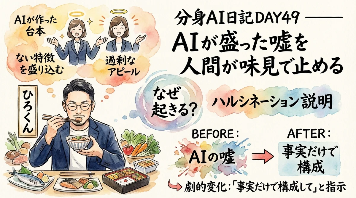 分身AIが嘘をついた!ハルシネーション対策は95%AI・5%人間|分身AI日記 DAY49 分身AI日記DAY49 AIが盛った嘘を人間が味見で止める 95%AI 5%人間