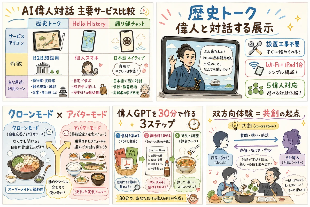 AI偉人対話 主要サービス比較｜歴史トーク・Hello History・語り部チャット