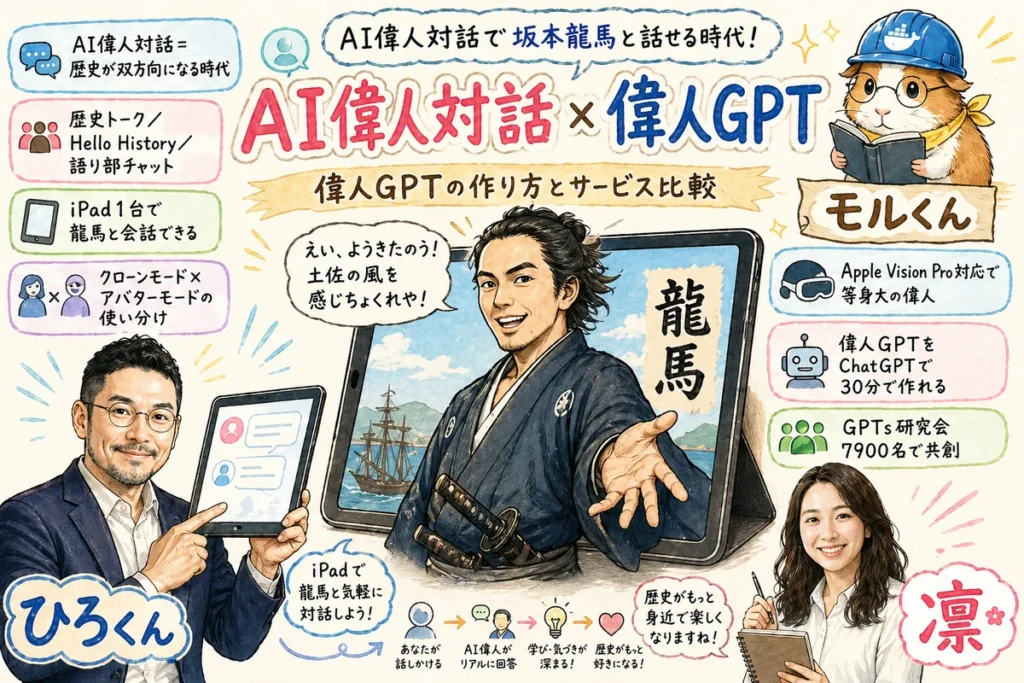 AI偉人対話で坂本龍馬と話す｜歴史トーク・偉人GPTの全体図解